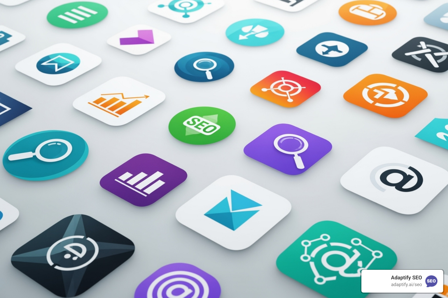 Collage of logos from popular SEO tools and Adaptify SEO's platform - SEO for Agencies