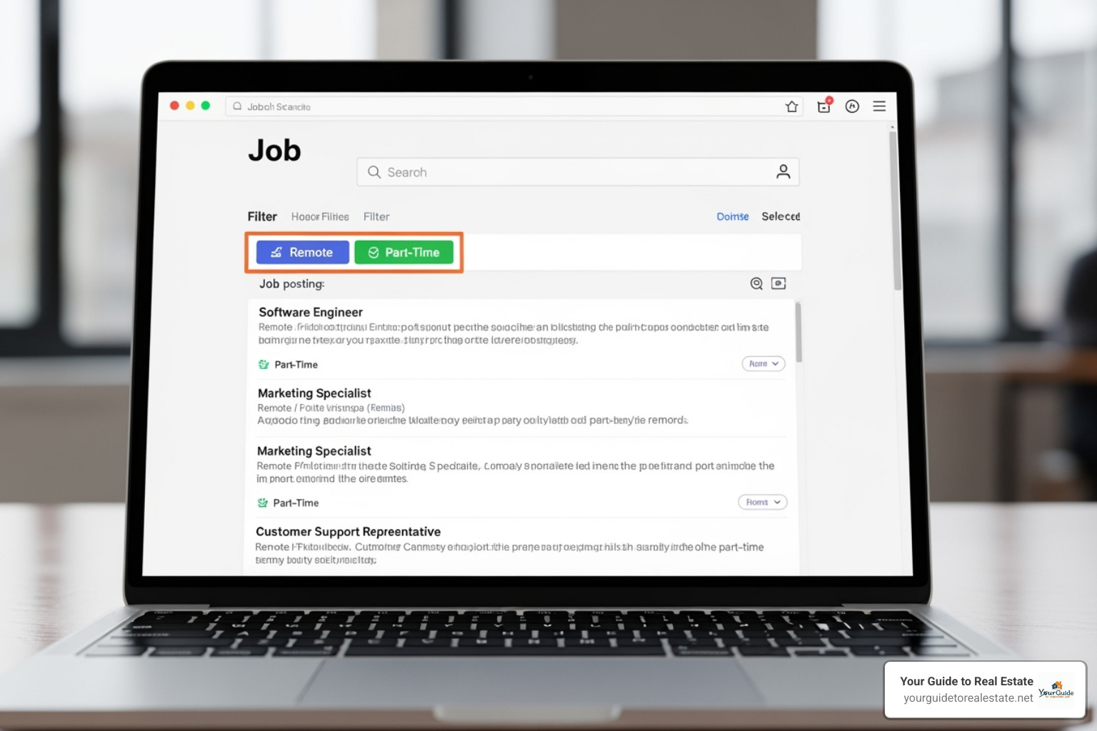 a job search website with "remote" and "part-time" filters highlighted - part time work from home jobs