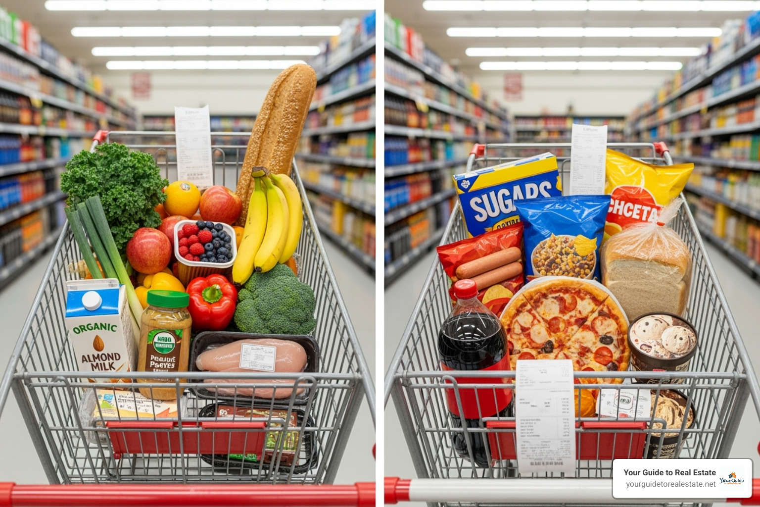 A shopping cart comparison between Thrive Market and a generic grocery store receipt. - thrive market