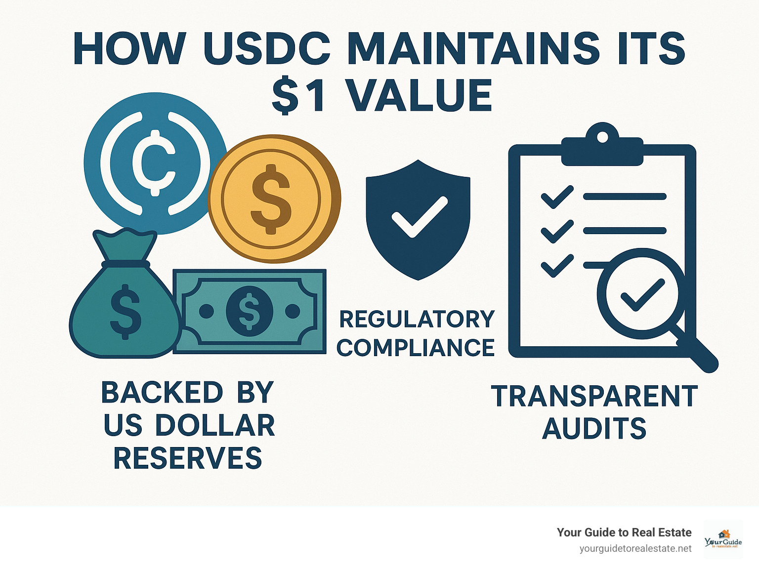 Infographic showing how USDC stablecoin maintains its $1 value through backing by US dollar reserves, regulatory compliance, and transparent auditing processes - crcl stock infographic 