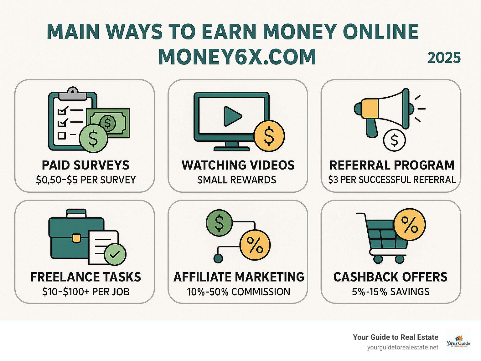 Infographic showing the main ways to earn money online through Money6x.com: paid surveys earning $0.50-$5 per survey, watching videos for small rewards, referral programs paying $3 per successful referral, freelance tasks ranging from $10-$100+ per job, affiliate marketing with 10-50% commission rates, and cashback offers providing 5-15% savings on purchases - money 6x .com infographic 