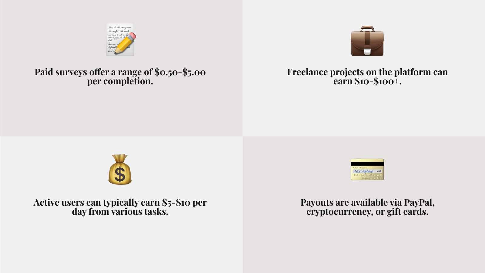 Detailed breakdown of Money6x.com earning methods including paid surveys ranging from $0.50-$5.00, video watching for small rewards, affiliate marketing with commission potential, freelance projects from $10-$100+, and referral bonuses, with realistic daily earning expectations of $5-$10 for active users - money 6x .com infographic 4_facts_emoji_grey