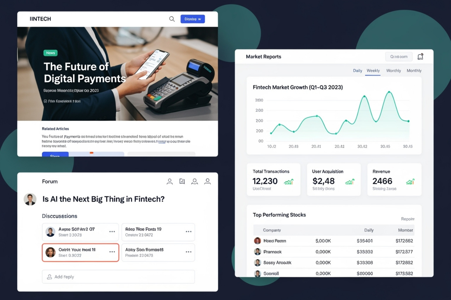 a collage showing different sections of the website like articles, forums, and market reports - fin techasia.net