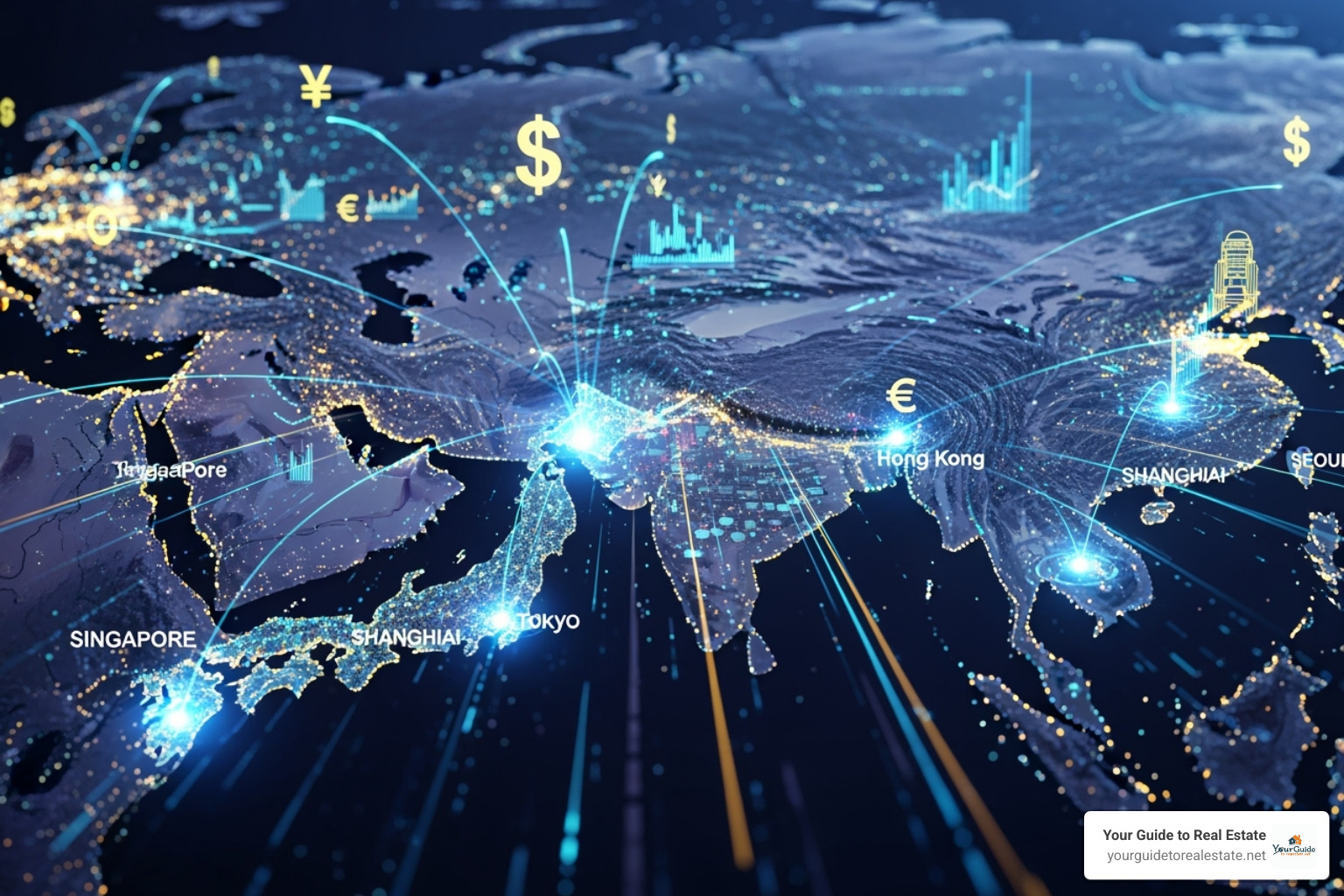 A map of Asia highlighting key fintech hubs like Singapore, Hong Kong, and Tokyo, with digital financial icons radiating outwards - fin techasia.net