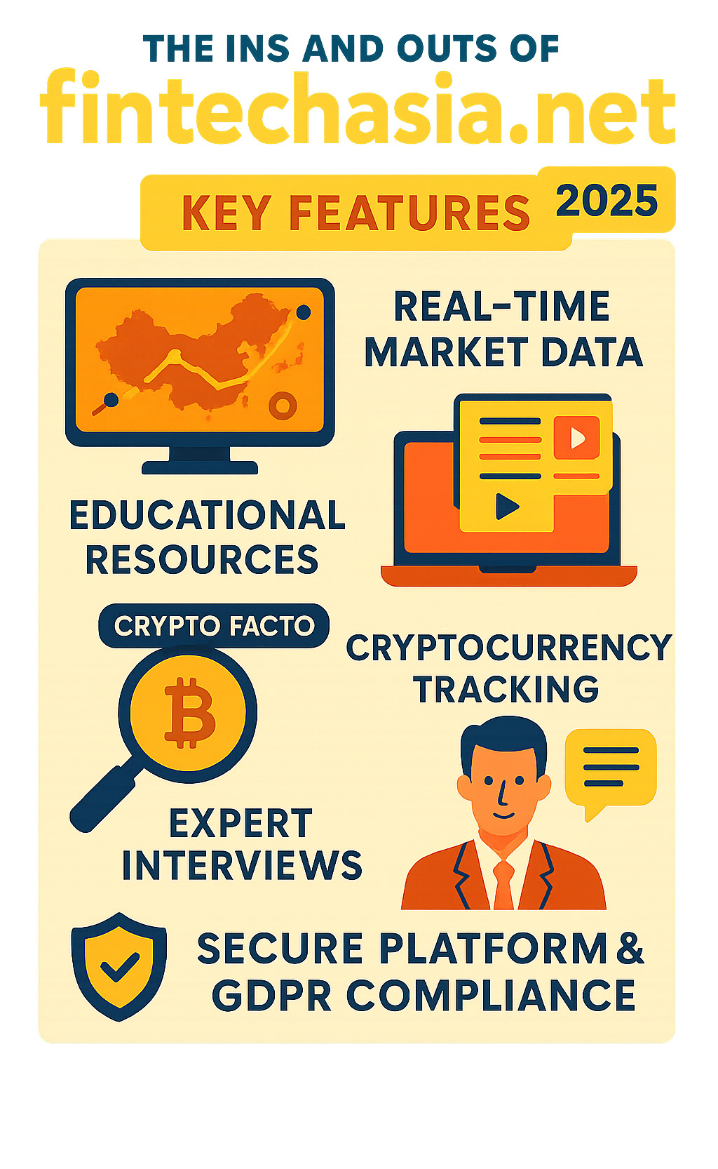Comprehensive breakdown of FintechAsia.net's key features including real-time market data coverage across major Asian markets, educational resource library with webinars and tutorials, cryptocurrency tracking tools through Crypto Facto service, expert interview sections featuring industry leaders, and secure platform infrastructure with GDPR compliance - fin techasia.net infographic Comprehensive breakdown of FintechAsia.net's key features including real-time market data coverage across major Asian markets, educational resource library with webinars and tutorials, cryptocurrency tracking tools through Crypto Facto service, expert interview sections featuring industry leaders, and secure platform infrastructure with GDPR compliance - fin techasia.net infographic