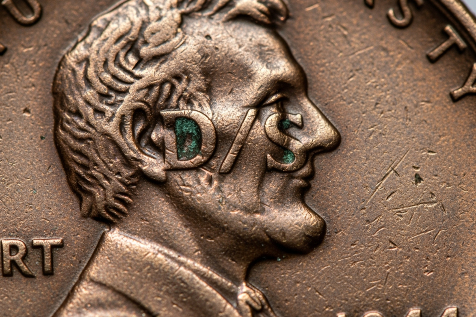 1944 D/S over-mintmark detail - most valuable 1944 wheat penny value