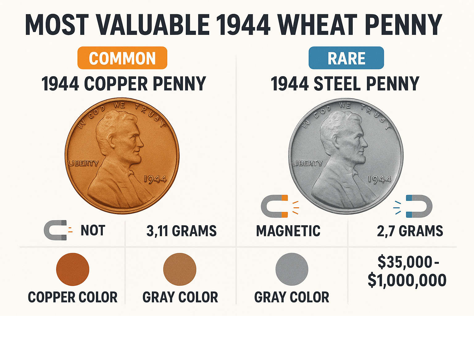 Infographic showing the visual differences between a common 1944 copper penny worth cents versus a rare 1944 steel penny worth thousands, including magnet test results, weight differences, color variations, and value ranges - most valuable 1944 wheat penny value infographic 