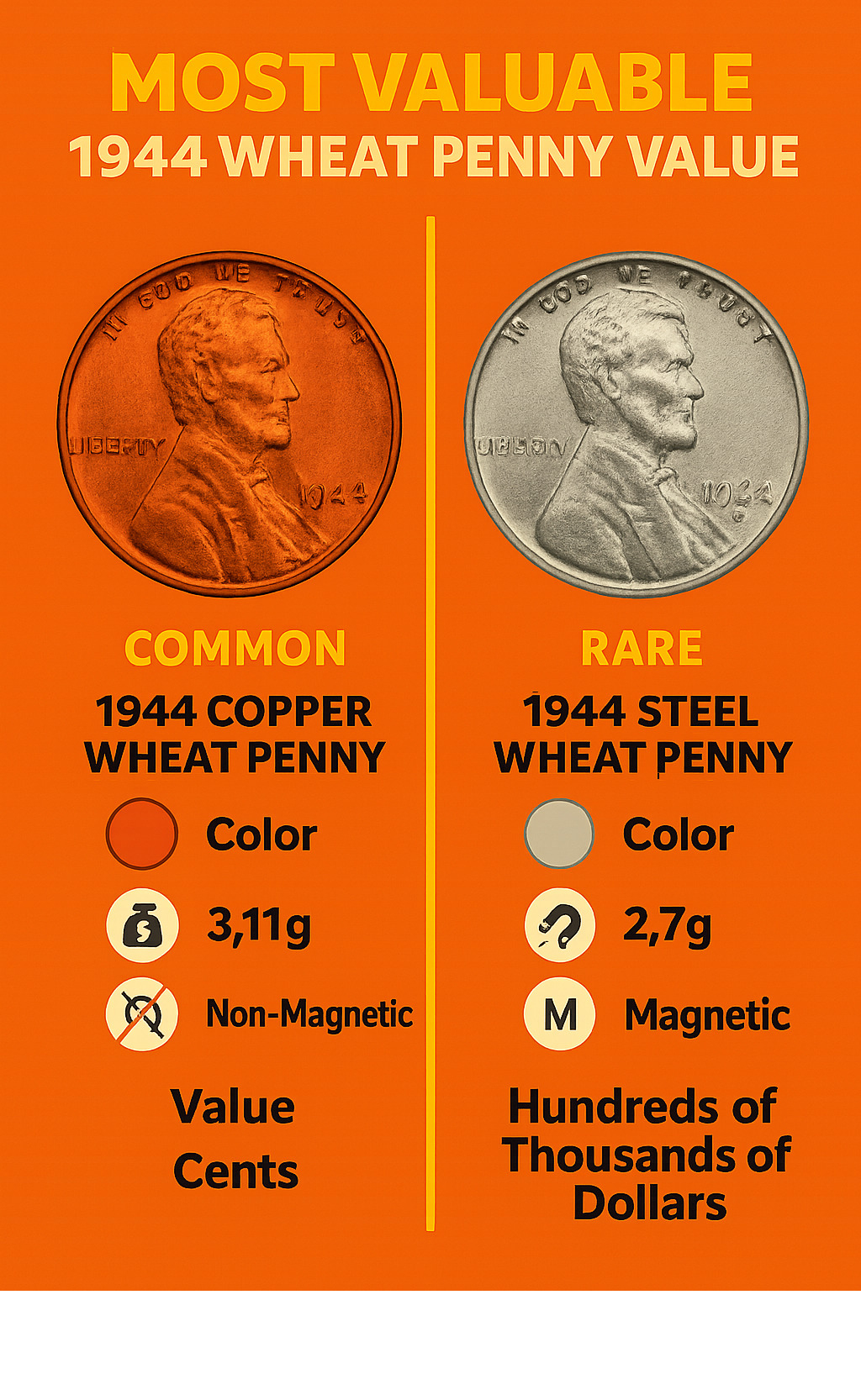 Infographic showing side-by-side comparison of a common 1944 copper wheat penny and rare 1944 steel wheat penny, highlighting visual differences in color (copper-red vs silver-gray), weight specifications (3.11g vs 2.7g), magnetic properties (non-magnetic vs magnetic), and estimated values ranging from cents to hundreds of thousands of dollars - most valuable 1944 wheat penny value infographic 
