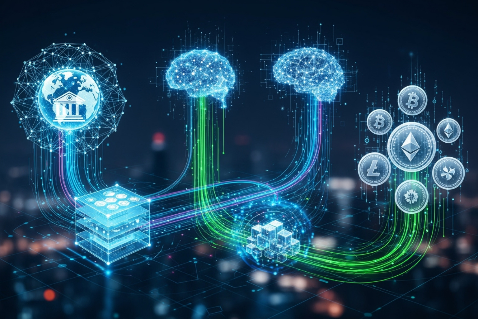 A vibrant image representing various fintech topics like digital banking, blockchain, AI, and cryptocurrency - fin techasia.net