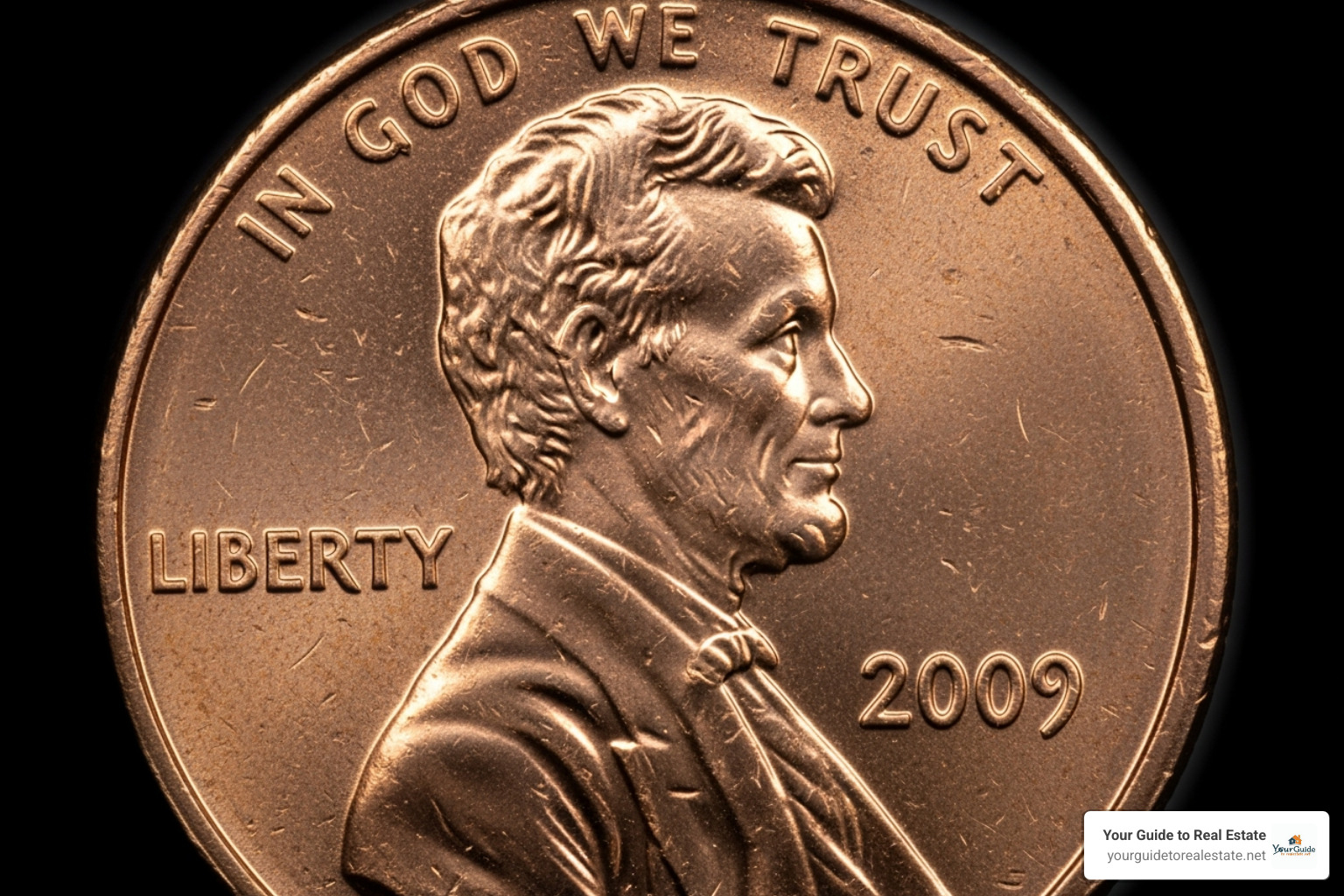 Doubled die error on a 2009 penny, with the specific doubling highlighted - 2009 penny value no mint mark