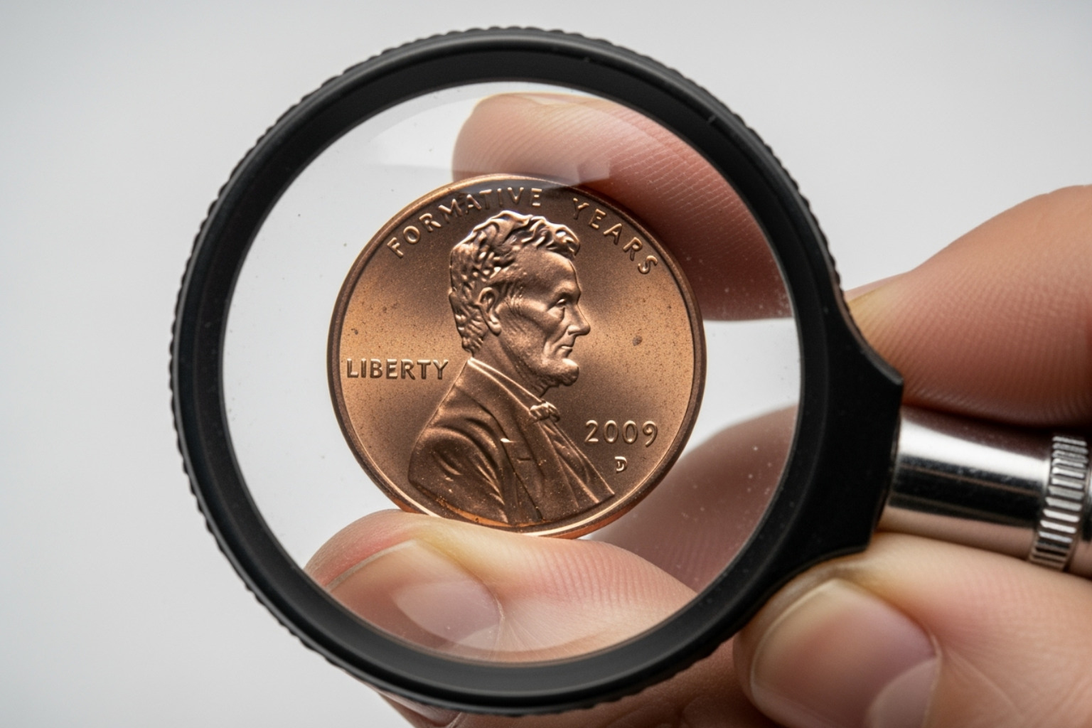 Close-up of a doubled die error on a 2009 penny using a magnifying glass - 2009 penny value no mint mark Close-up of a doubled die error on a 2009 penny using a magnifying glass - 2009 penny value no mint mark