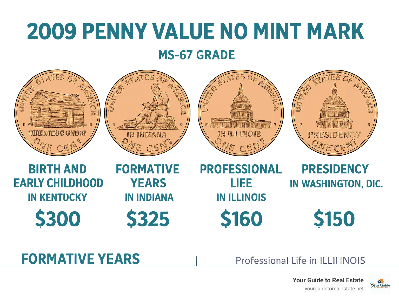 Infographic showing the four 2009 Lincoln penny reverse designs representing Birth and Early Childhood in Kentucky (log cabin), Formative Years in Indiana (young Lincoln reading), Professional Life in Illinois (Lincoln as a lawyer at the Illinois State Capitol), and Presidency in Washington D.C. (unfinished Capitol dome), with corresponding value ranges for MS-67 grades: Early Childhood $300, Formative Years $325, Professional Life $160, and Presidency $150 - 2009 penny value no mint mark infographic 