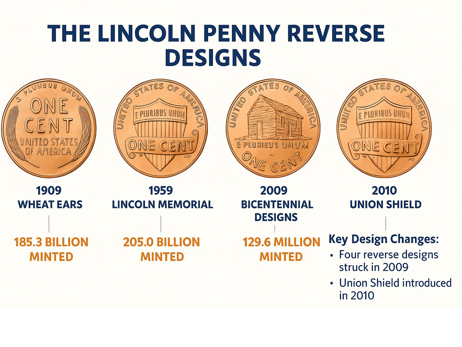 Infographic showing the timeline of Lincoln penny reverse designs from 1909 wheat ears through 1959 Lincoln Memorial, 2009 Bicentennial four-design series, and 2010 Union Shield design with mintage numbers and key design changes - 2009 penny value no mint mark infographic Infographic showing the timeline of Lincoln penny reverse designs from 1909 wheat ears through 1959 Lincoln Memorial, 2009 Bicentennial four-design series, and 2010 Union Shield design with mintage numbers and key design changes - 2009 penny value no mint mark infographic