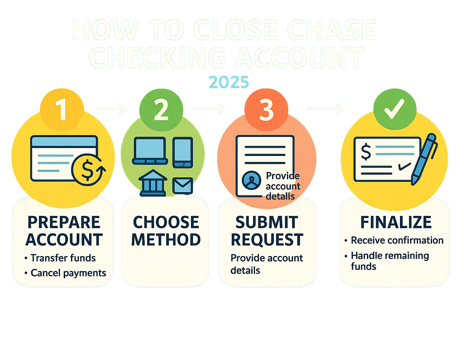 Infographic showing the 4 main stages of closing a Chase checking account: Stage 1 - Prepare Account (transfer funds, cancel payments), Stage 2 - Choose Method (online, phone, branch, or mail), Stage 3 - Submit Request (provide account details), Stage 4 - Finalize (receive confirmation and handle remaining funds) - how to close chase checking account infographic 