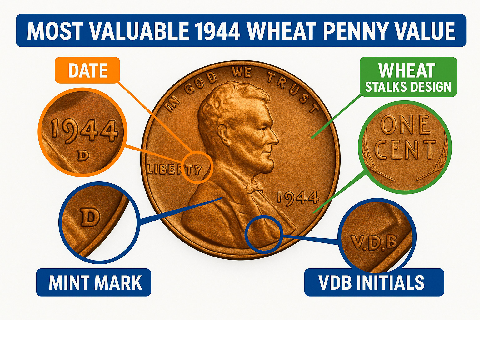 Detailed infographic showing key inspection areas on a 1944 wheat penny, including the obverse date and VDB initials near Lincoln's shoulder, the reverse wheat stalks design, and the mint mark location below the date, with magnified sections highlighting each critical identification point - most valuable 1944 wheat penny value infographic Detailed infographic showing key inspection areas on a 1944 wheat penny, including the obverse date and VDB initials near Lincoln's shoulder, the reverse wheat stalks design, and the mint mark location below the date, with magnified sections highlighting each critical identification point - most valuable 1944 wheat penny value infographic