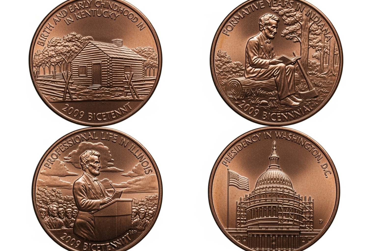 close-ups of the four distinct reverse designs - 2009 penny value no mint mark