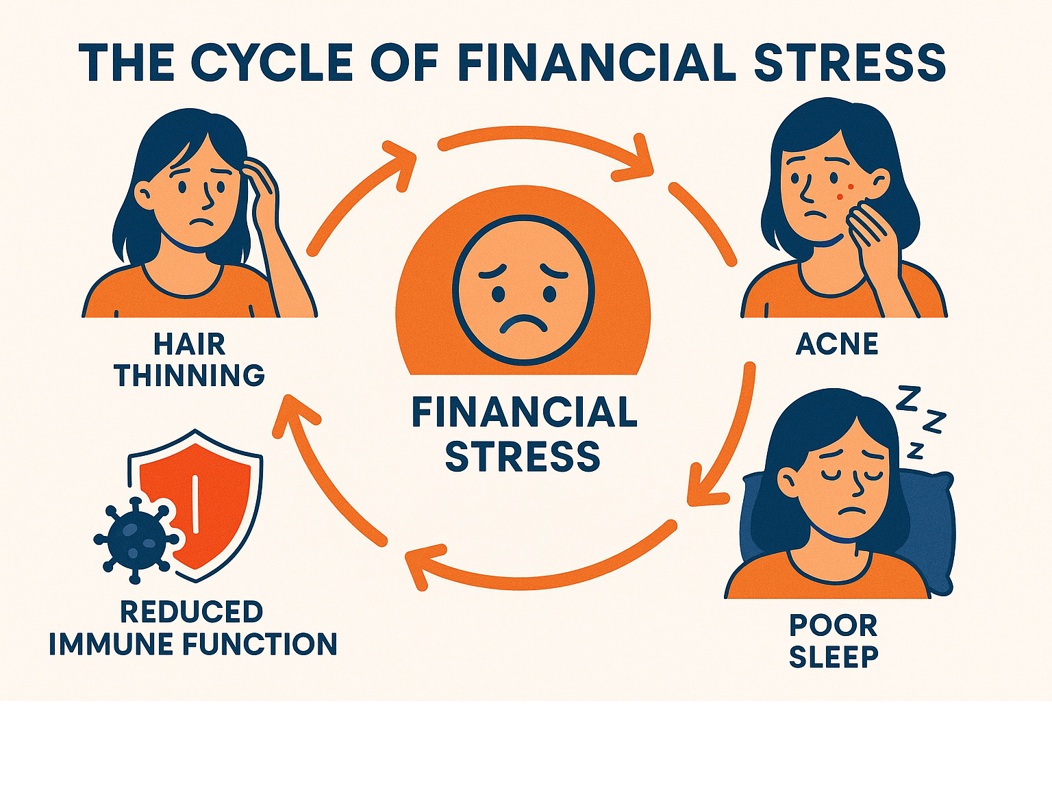 Infographic showing the cycle of financial stress leading to physical symptoms like acne, hair thinning, poor sleep, and reduced immune function, with arrows connecting each element in a circular pattern - money 6x .com infographic 