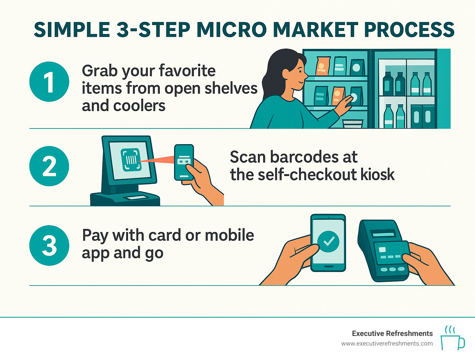 Infographic showing the simple 3-step micro market process: Step 1 - Grab your favorite items from open shelves and coolers, Step 2 - Scan barcodes at the self-checkout kiosk, Step 3 - Pay with card or mobile app and go - what is a micro market vending machine infographic Infographic showing the simple 3-step micro market process: Step 1 - Grab your favorite items from open shelves and coolers, Step 2 - Scan barcodes at the self-checkout kiosk, Step 3 - Pay with card or mobile app and go - what is a micro market vending machine infographic