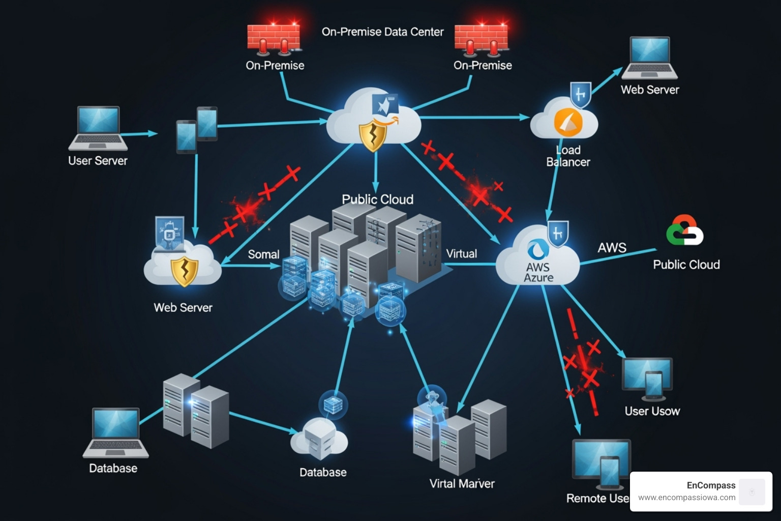 complex network diagram showing multiple points of vulnerability across cloud and on-premise systems - Data security solutions complex network diagram showing multiple points of vulnerability across cloud and on-premise systems - Data security solutions