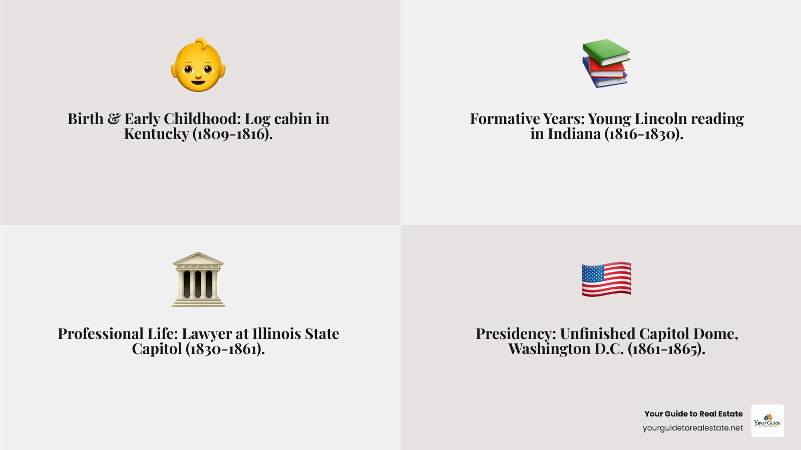 Infographic showing Abraham Lincoln's life timeline with the four 2009 penny designs: Birth and Early Childhood in Kentucky (log cabin, 1809-1816), Formative Years in Indiana (young Lincoln reading, 1816-1830), Professional Life in Illinois (Lincoln as lawyer at State Capitol, 1830-1861), and Presidency in Washington D.C. (unfinished Capitol dome, 1861-1865) - 2009 penny value no mint mark infographic 4_facts_emoji_grey