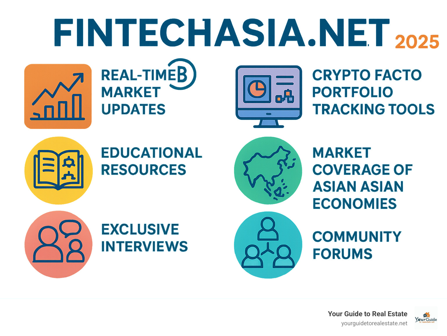 Comprehensive breakdown of FinTechAsia.net's core features including real-time market updates, Crypto Facto service with portfolio tracking tools, educational resources covering blockchain and DeFi, exclusive interviews with industry leaders, market-specific coverage of major Asian economies, and community forums for networking - fin techasia.net infographic 