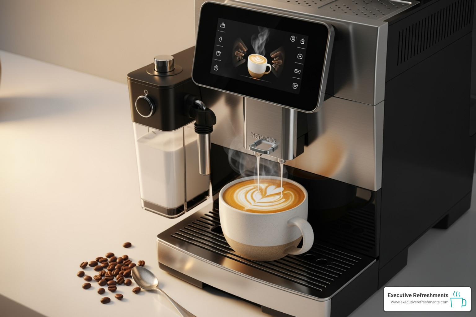 sleek bean-to-cup machine dispensing a latte - Small office coffee service sleek bean-to-cup machine dispensing a latte - Small office coffee service