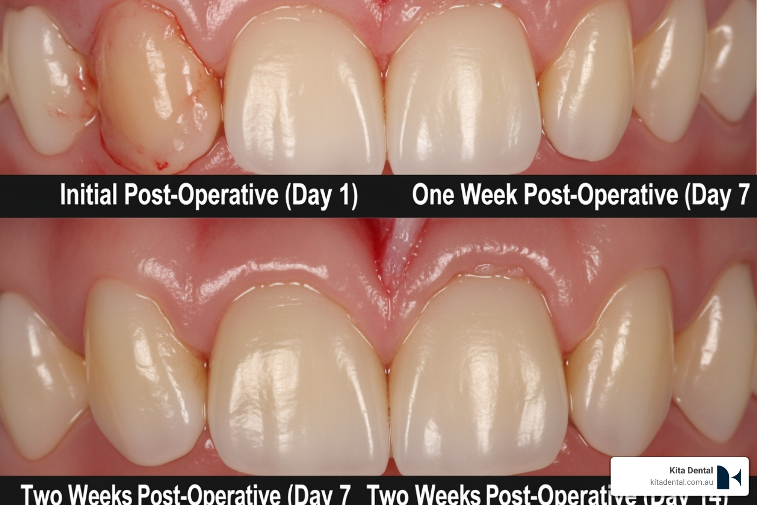 An image illustrating the stages of gum graft healing over two weeks, showing reduced swelling, improving tissue colour, and gradual integration of the graft. - gingival graft An image illustrating the stages of gum graft healing over two weeks, showing reduced swelling, improving tissue colour, and gradual integration of the graft. - gingival graft