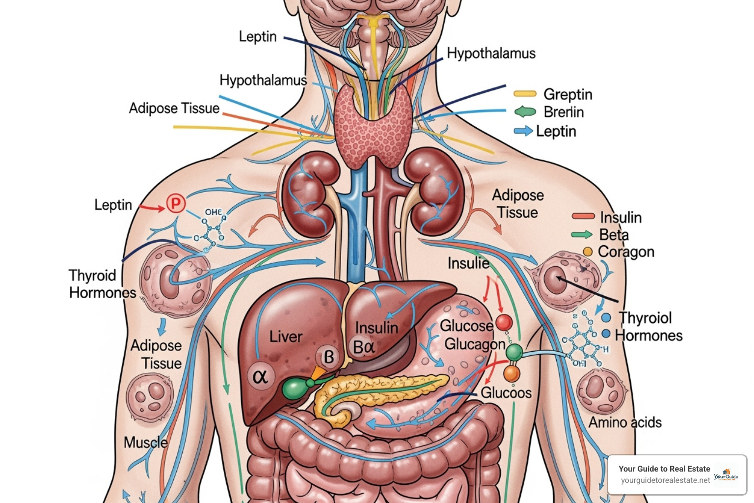 Diagram showing interconnectedness of hormones, metabolism, and weight regulation pathways in the human body - mochi health
