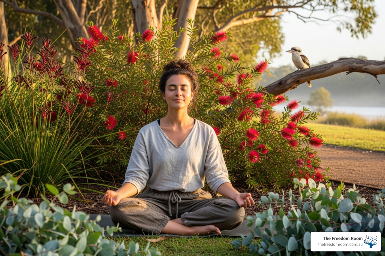 Young woman meditating outdoors amongst Australian bottle brushes and eucalyptus, a key component of effective stress management for young adults.