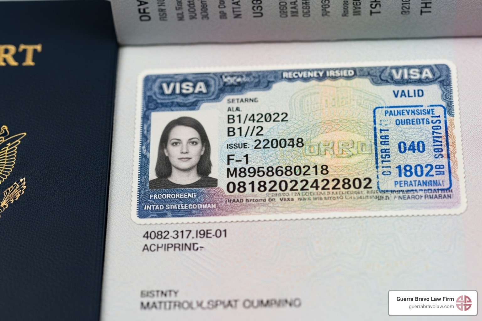 Close-up image of a US visa stamp in a passport - US immigration law