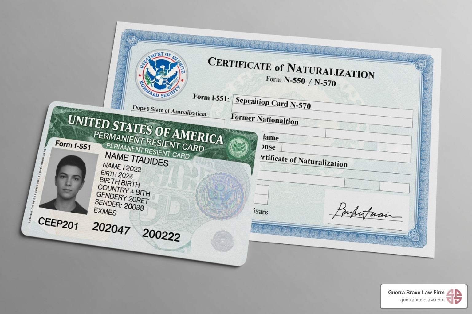 Image showing a U.S. Green Card and a Certificate of Naturalization side-by-side - US immigration law