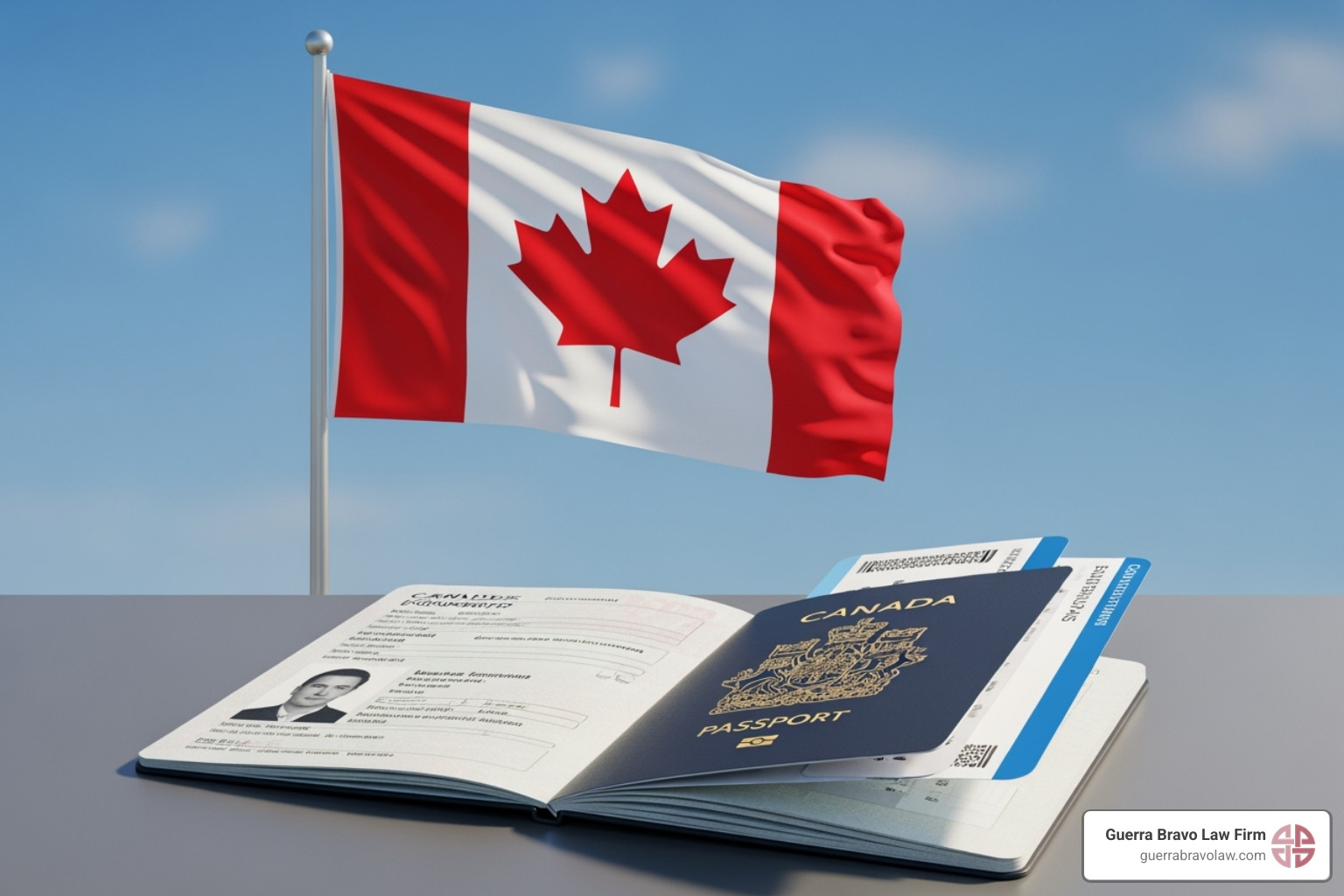 A vibrant Canadian flag waves proudly next to a passport, symbolizing international travel. - Tramites de visa
