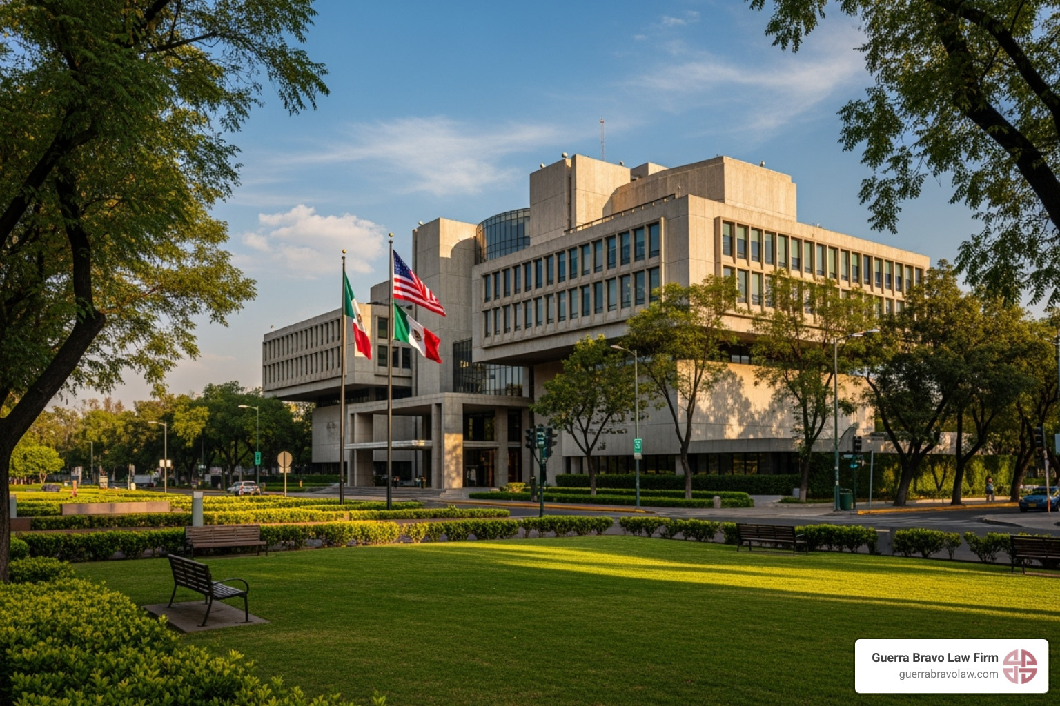A serene image of the U.S. Embassy in Mexico City, a key location for visa applications. - Tramites de visa