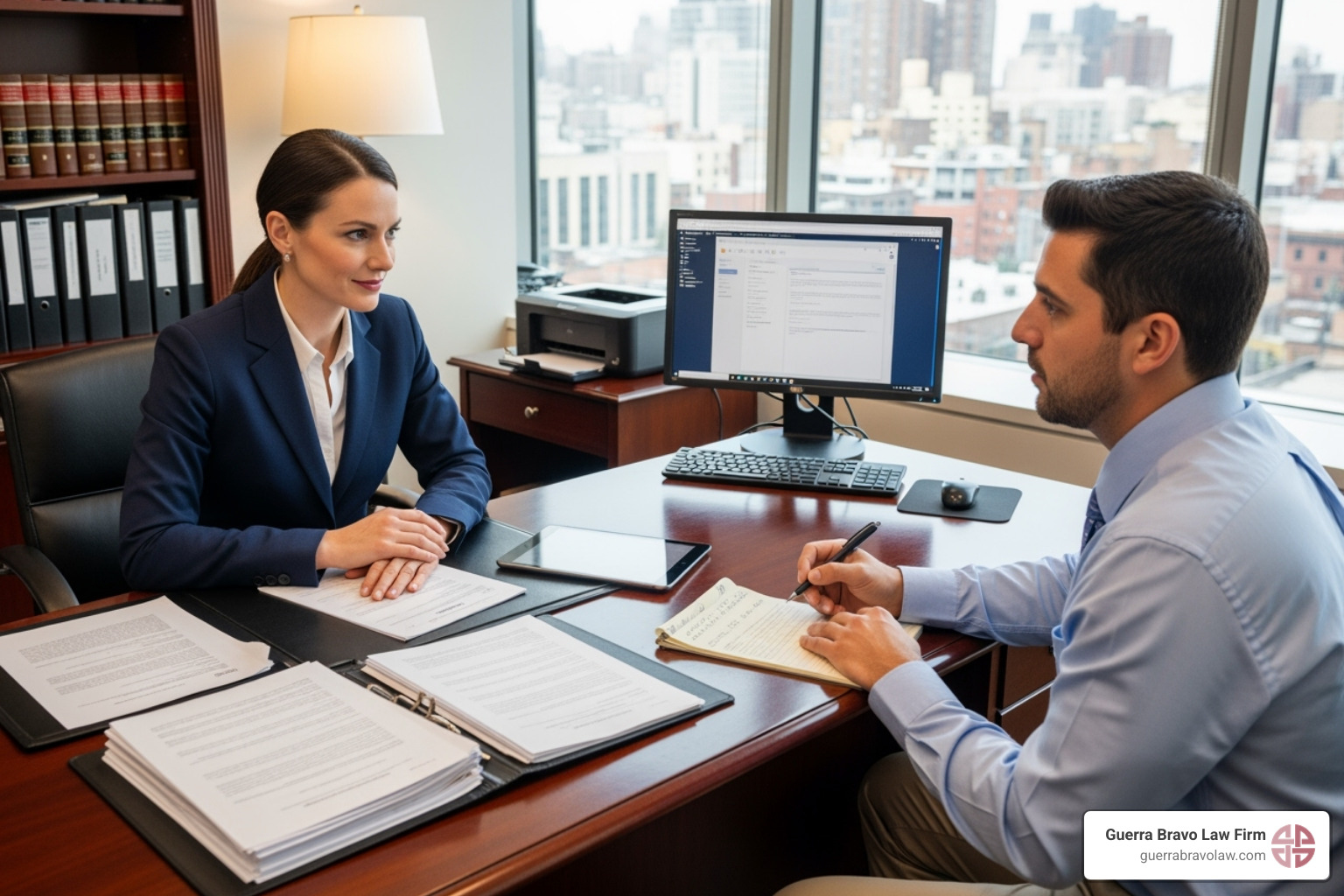 Lawyer advising client on complex immigration case, with documents and computer in background, symbolizing legal assistance for challenging citizenship applications - citizenship application assistance