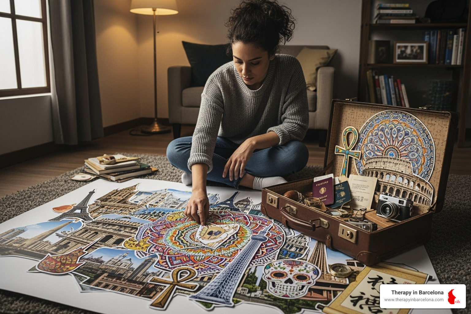 Person looking at a collage of cityscapes from a suitcase - third culture kid therapy Person looking at a collage of cityscapes from a suitcase - third culture kid therapy