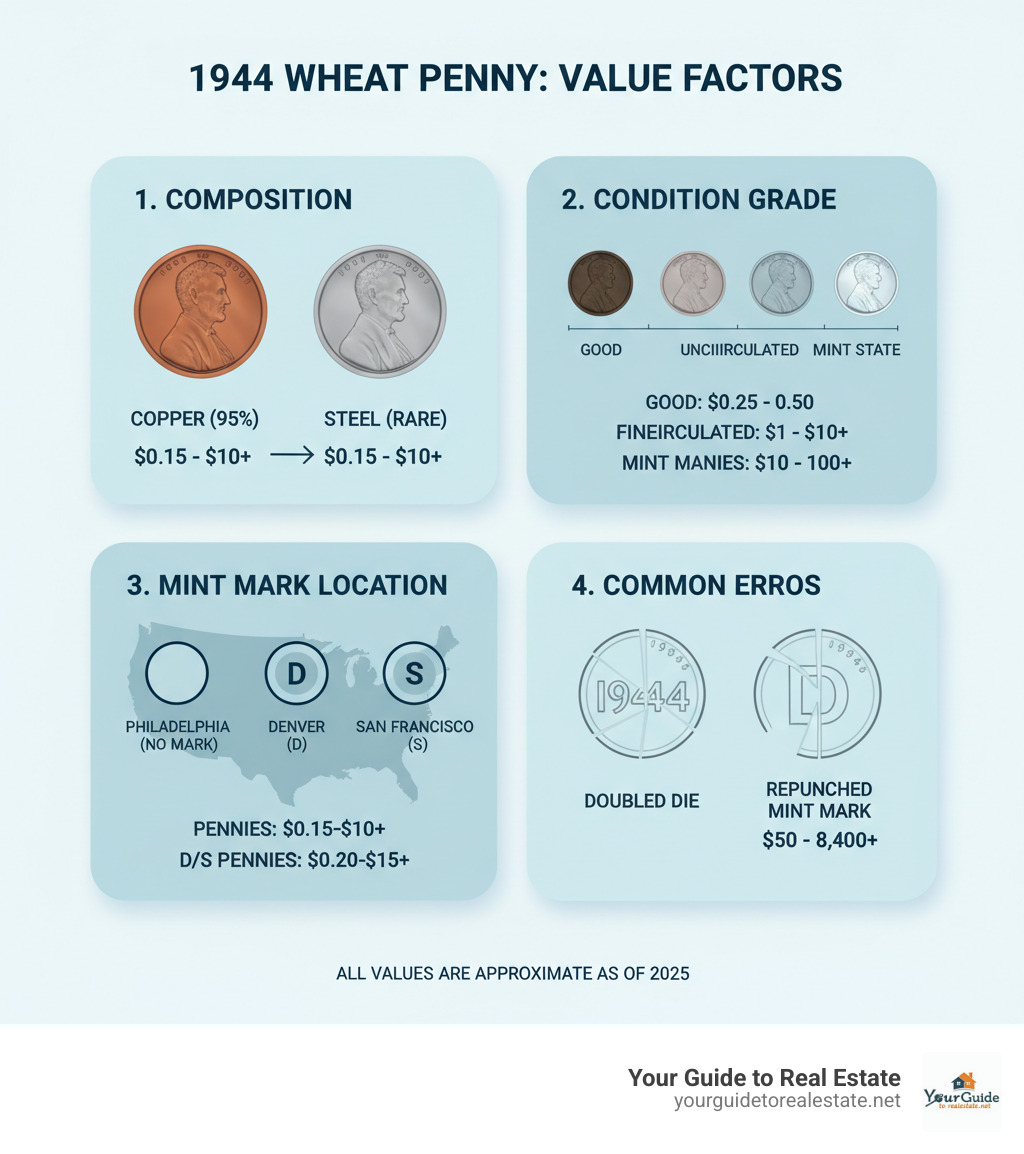 Detailed infographic showing the four key value factors for 1944 wheat pennies: composition with copper vs steel examples, condition grades from Good to Mint State, mint mark locations for Philadelphia (no mark), Denver (D), and San Francisco (S), and common errors like doubled dies and repunched mint marks, with corresponding value ranges for each category - most valuable 1944 wheat penny value infographic 