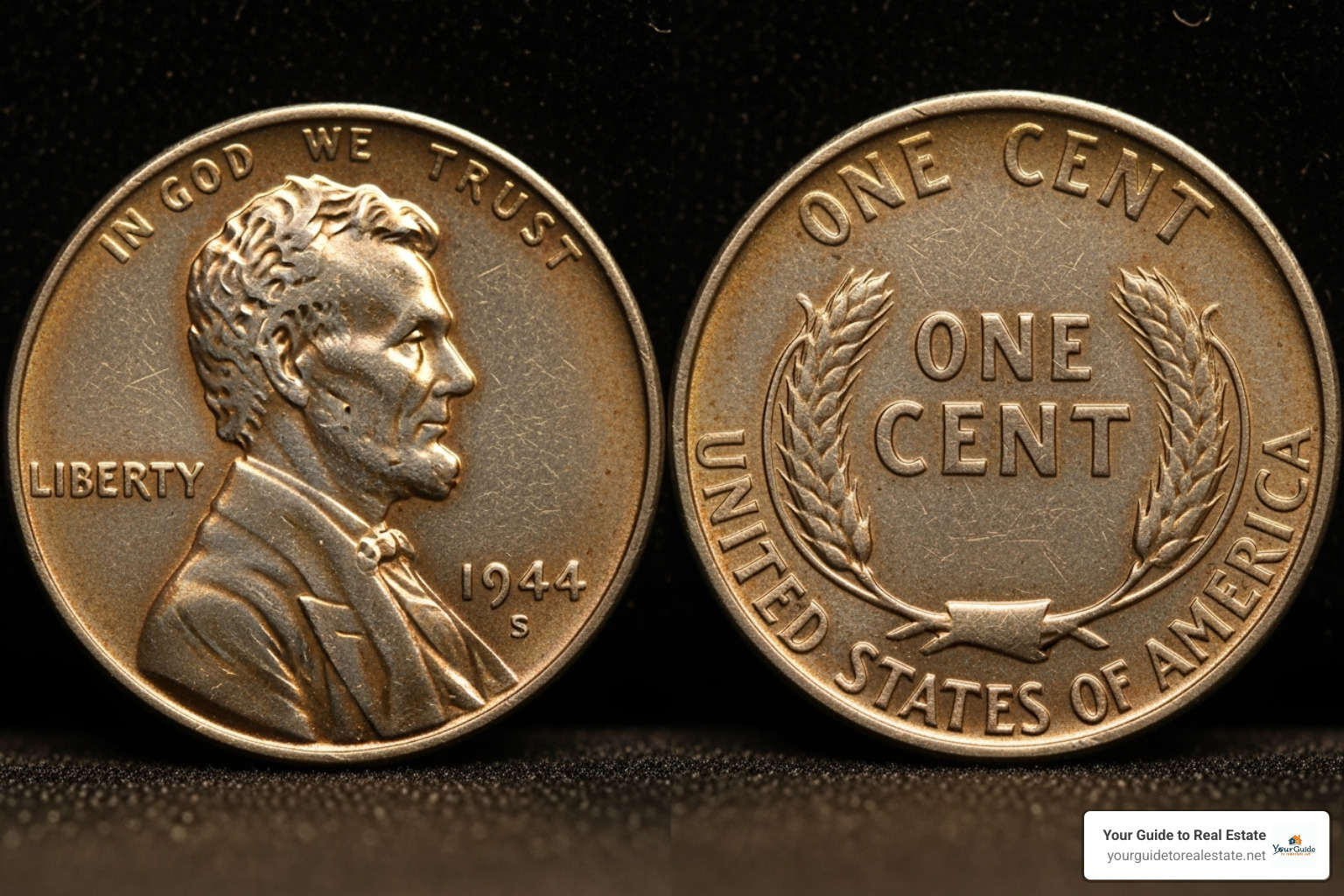 The three 1944 pennies showing the D, S, and no mint mark locations - most valuable 1944 wheat penny value