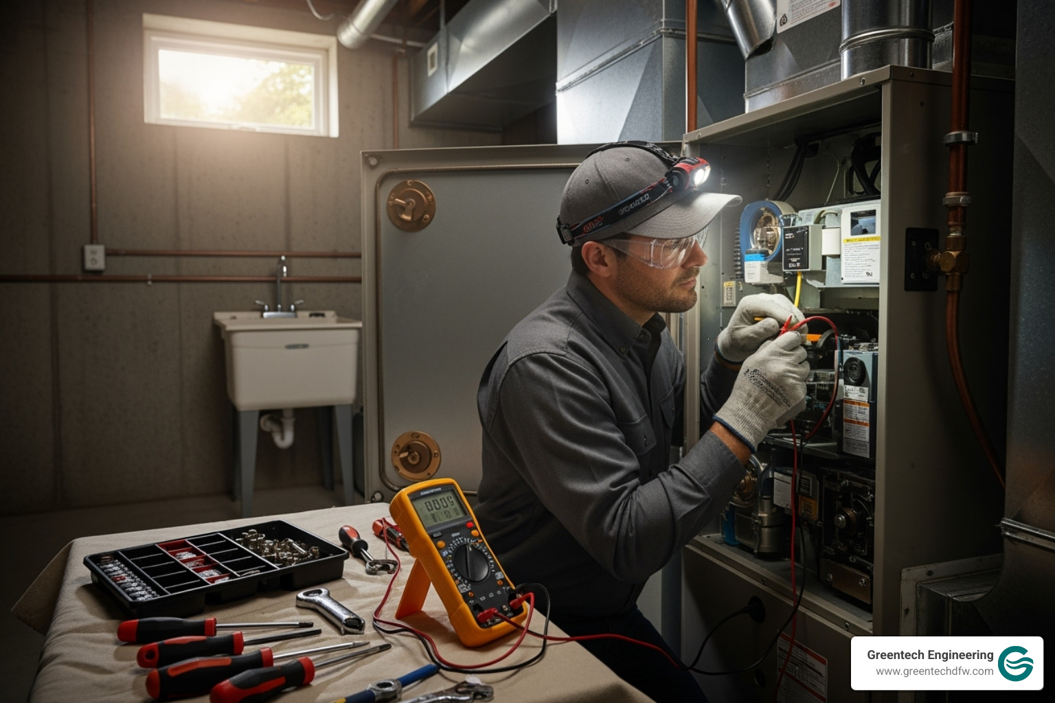 professional technician working on a furnace - heating repair near plano tx