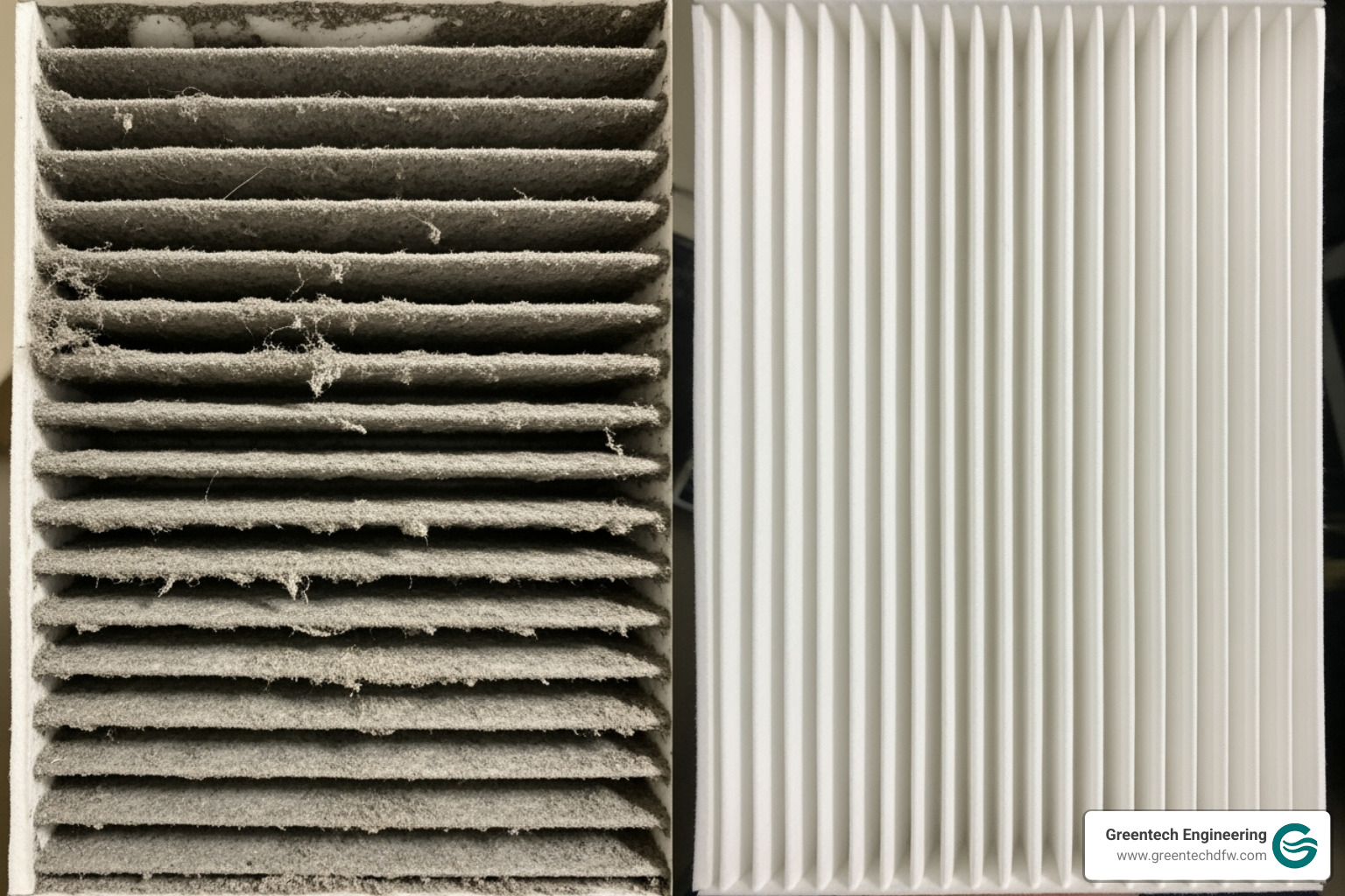 Dirty furnace filter next to a clean furnace filter - heating repair near plano tx