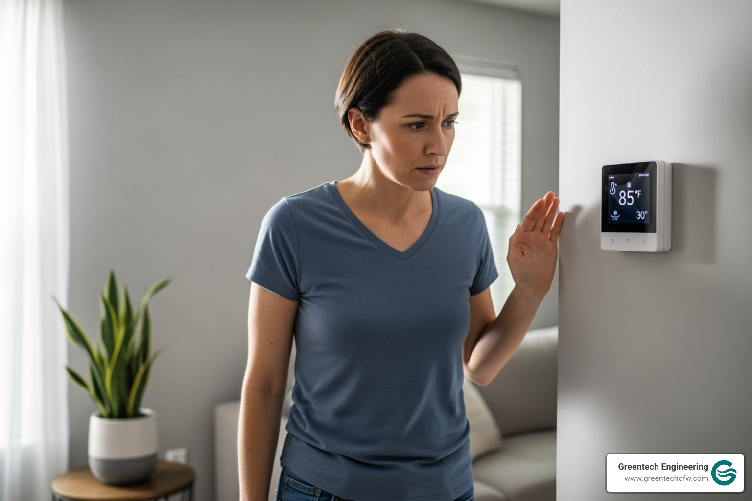 person looking at thermostat concerned - heating repair near plano tx