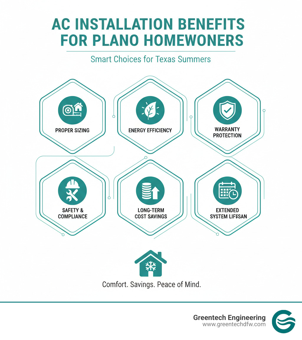 Infographic showing benefits of professional AC installation including proper sizing, energy efficiency ratings, warranty protection, safety compliance, and long-term cost savings for Plano homeowners - AC installation Plano TX infographic 