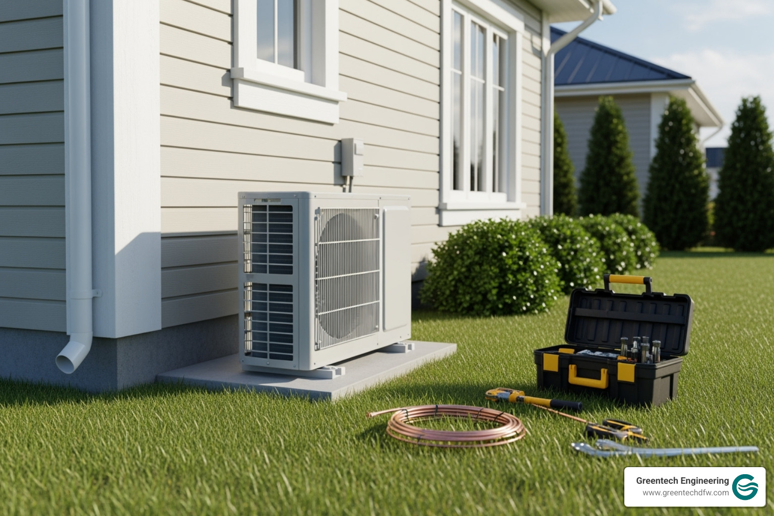 A clean and professional AC installation site with a newly installed outdoor unit and tools - AC installation Plano TX