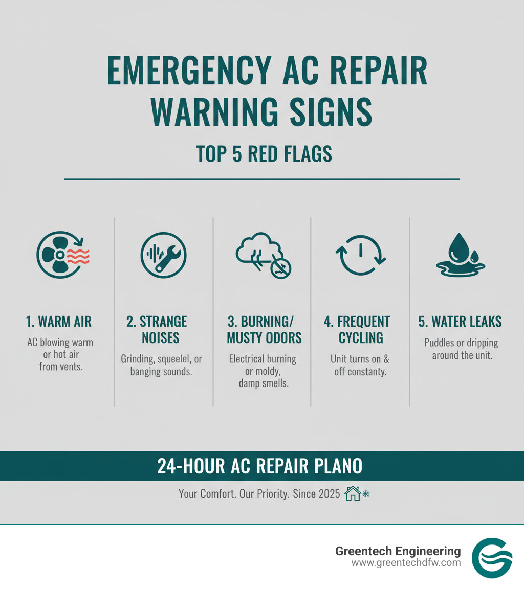 Infographic showing the top 5 emergency AC repair warning signs: AC blowing warm air, strange grinding or squealing noises, burning or musty odors, frequent on-off cycling, and visible water leaks around the unit - 24 hour AC repair Plano infographic 