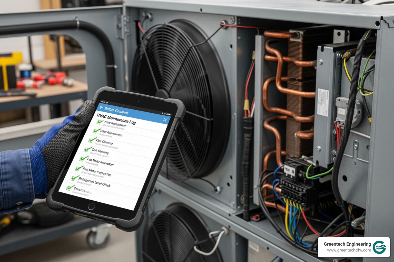 A technician's checklist on a tablet next to an open HVAC unit - commercial hvac maintenance plan