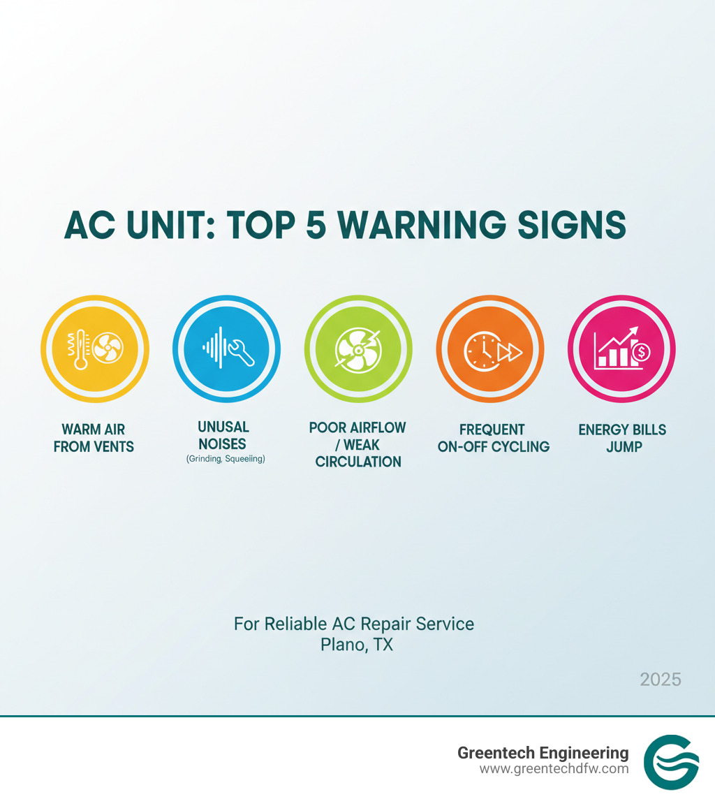 Infographic showing the top 5 warning signs an AC unit is about to fail: warm air from vents, unusual noises like grinding or squealing, poor airflow or weak air circulation, frequent on-off cycling, and unexplained increases in energy bills - air conditioning repair service plano tx infographic Infographic showing the top 5 warning signs an AC unit is about to fail: warm air from vents, unusual noises like grinding or squealing, poor airflow or weak air circulation, frequent on-off cycling, and unexplained increases in energy bills - air conditioning repair service plano tx infographic