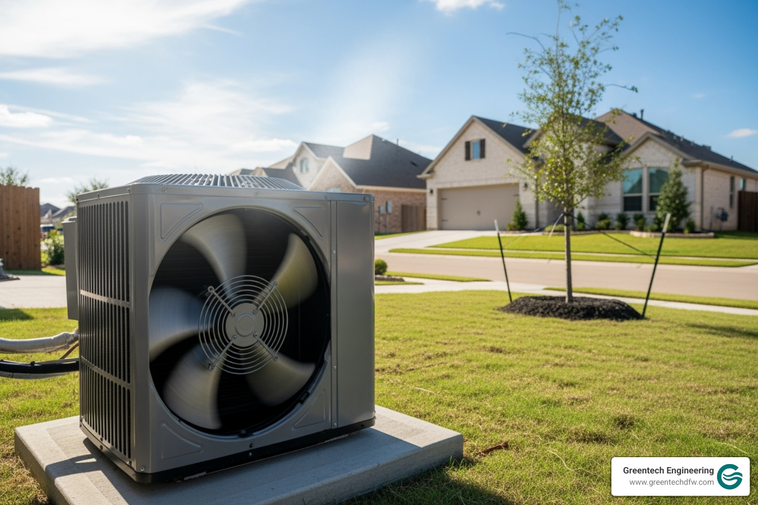 An outdoor AC unit working hard on a sunny day with a Plano, TX suburban home in the background - 24 hour AC repair Plano