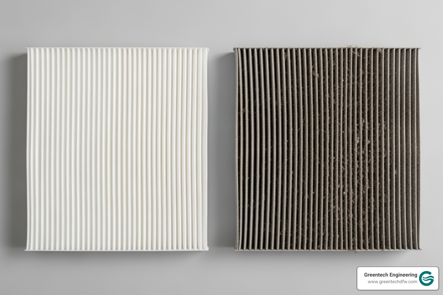 Image showing a clean air filter next to a dirty one - air conditioning repair service plano tx Image showing a clean air filter next to a dirty one - air conditioning repair service plano tx