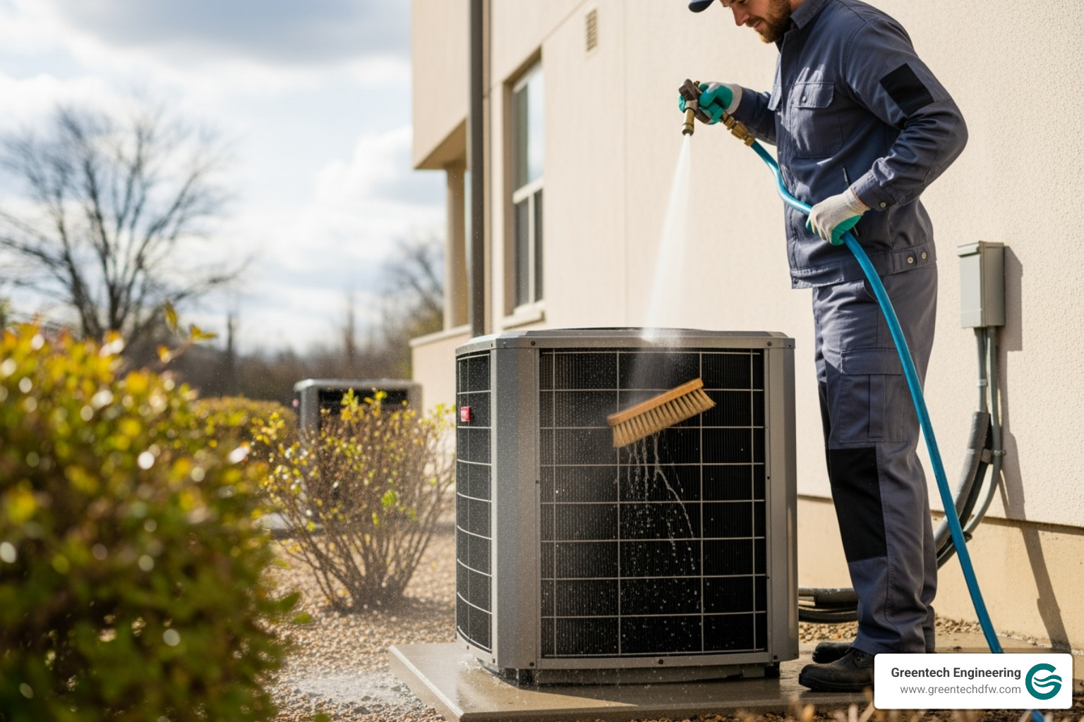 Image of a technician cleaning an outdoor condenser unit - air conditioning repair service plano tx Image of a technician cleaning an outdoor condenser unit - air conditioning repair service plano tx