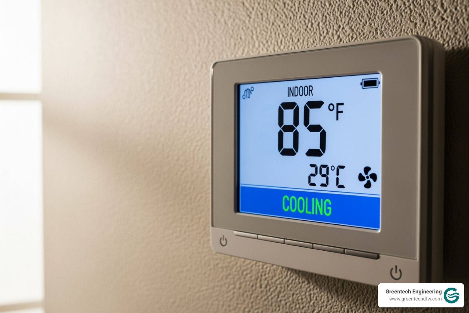 A thermostat displaying a high indoor temperature despite the AC being on - 24 hour AC repair Plano