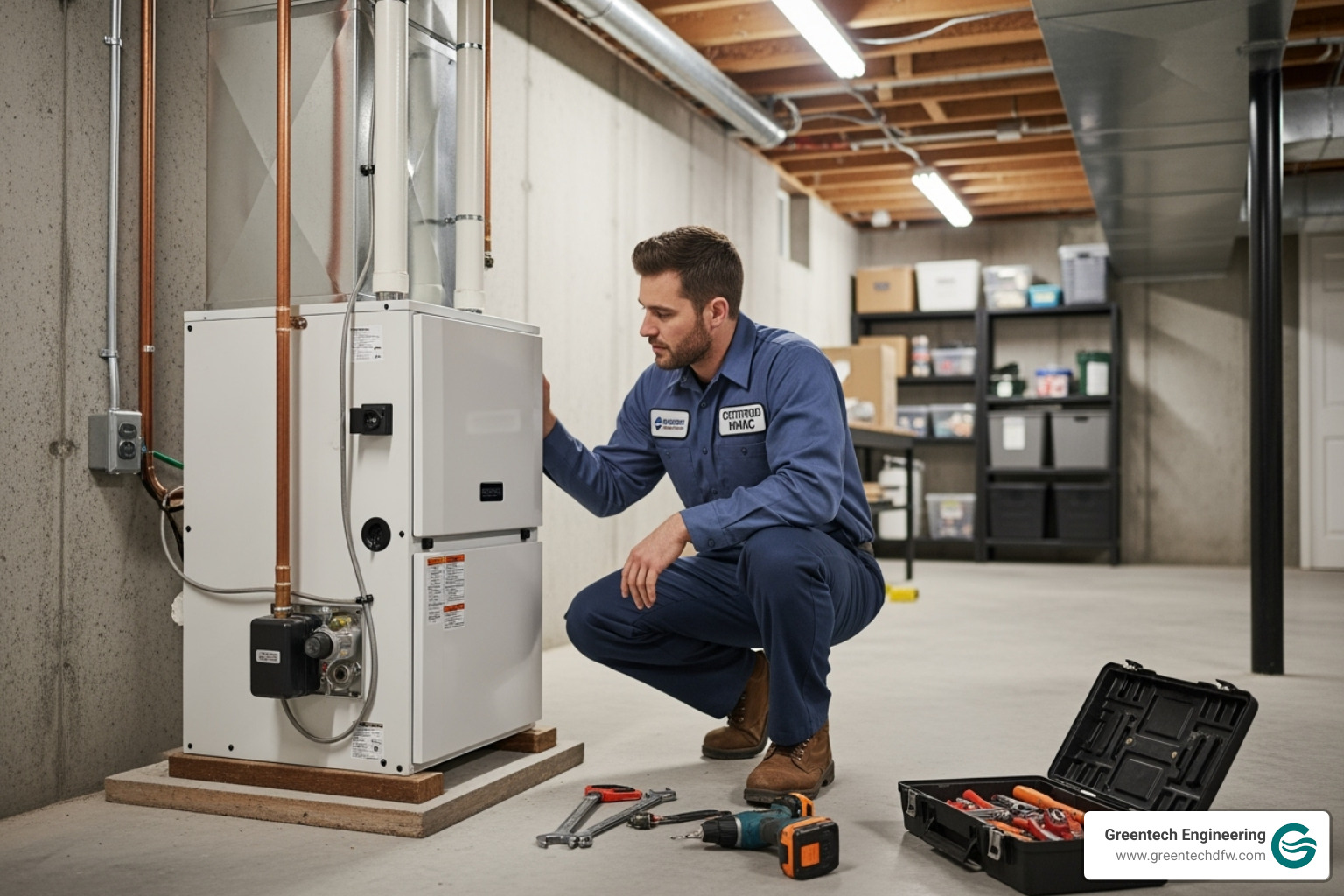 Certified technician installing a new furnace - Dallas heating replacement